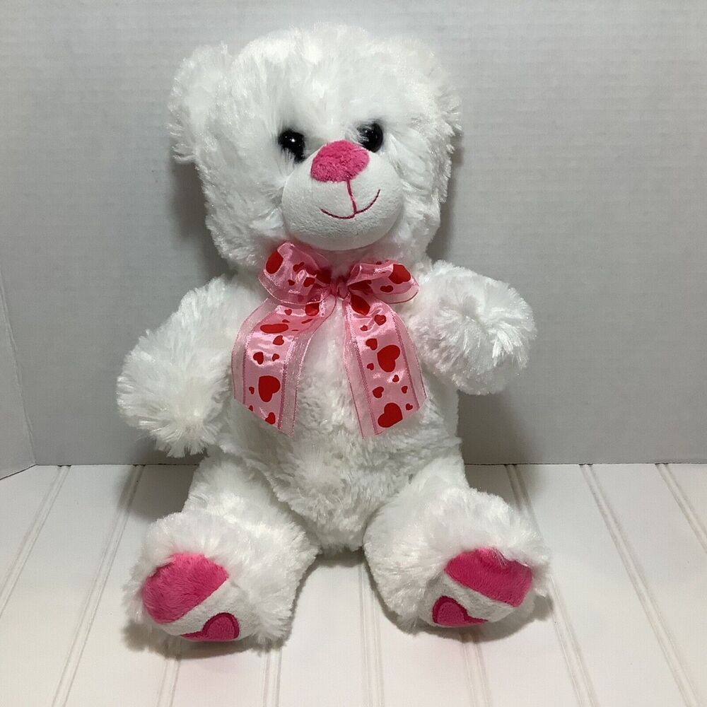 White Teddy Bear 13” Plush Pink Hearts on Feet  and Pink Red Heart Ribbon